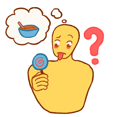 a person holding a lollipop and looking confused, with their tongue out and their eyebrow raised. there is a pink question mark next to them and a thought bubble that shows a bowl of soup.